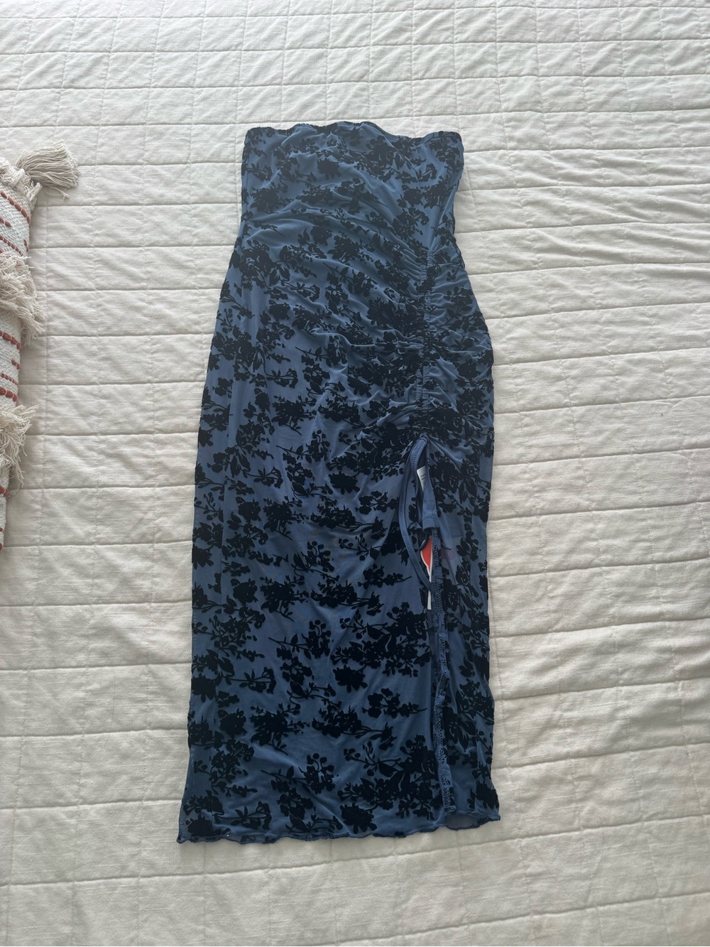 Cider Navy and Black Strapless Ruched Midi Dress